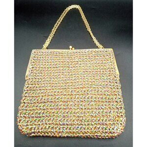 Evening Bag Rainbow Woven Walborg Hong Kong Brass Chain Vintage 60s Clutch Purse